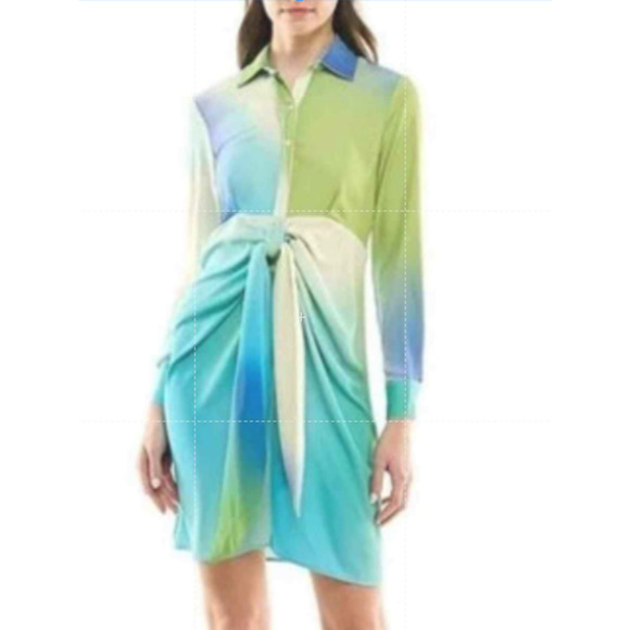Nicole Miller Dress Women's 16 Blue Green Ombre Twist Front Long Sleeve Shirt - Picture 8 of 11